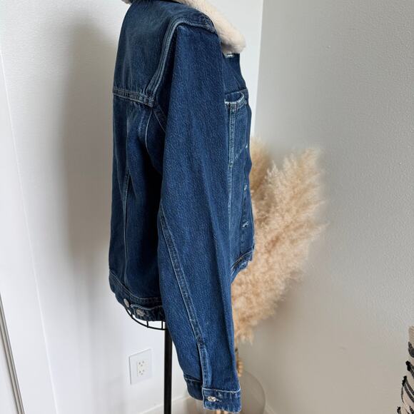 Paige Rowan Jacket Shearling Collar Dark Denim Jacket Jamee Distressed -Small - Picture 2 of 13